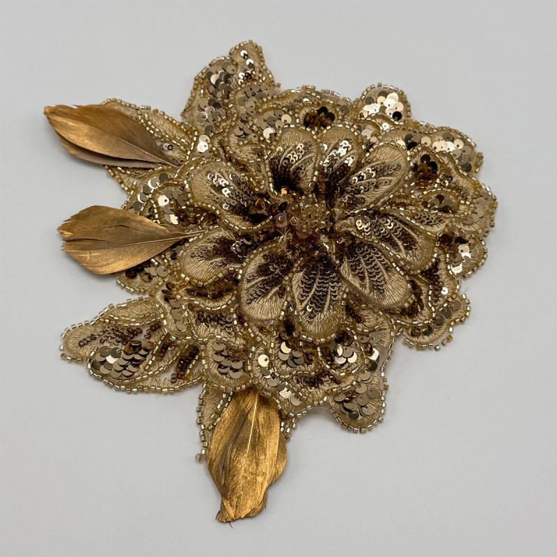 GCW-LQ007 Gold Sequin Beaded Flower Applique with Feather for Bridal Dress